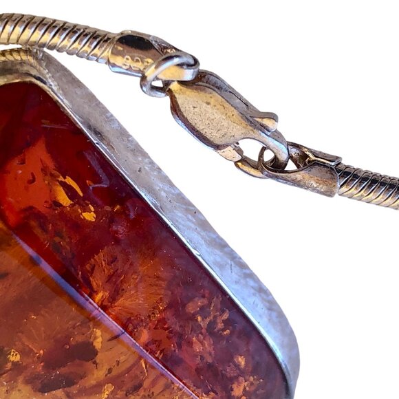Sterling Silver Italy Vintage Snake Chain Necklace Amber Large Pendant - Picture 8 of 10